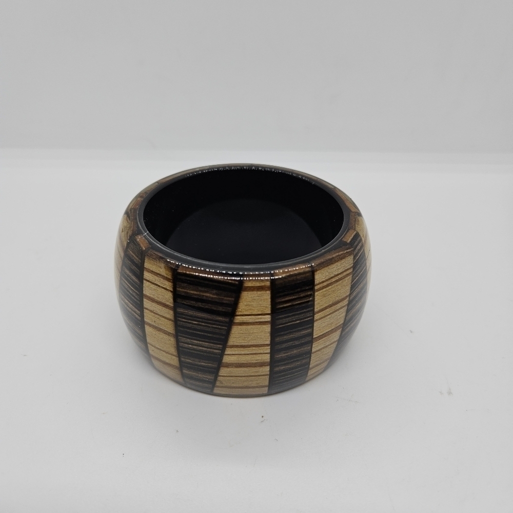 multi-tone brown wood and resin wide bangle bracelet